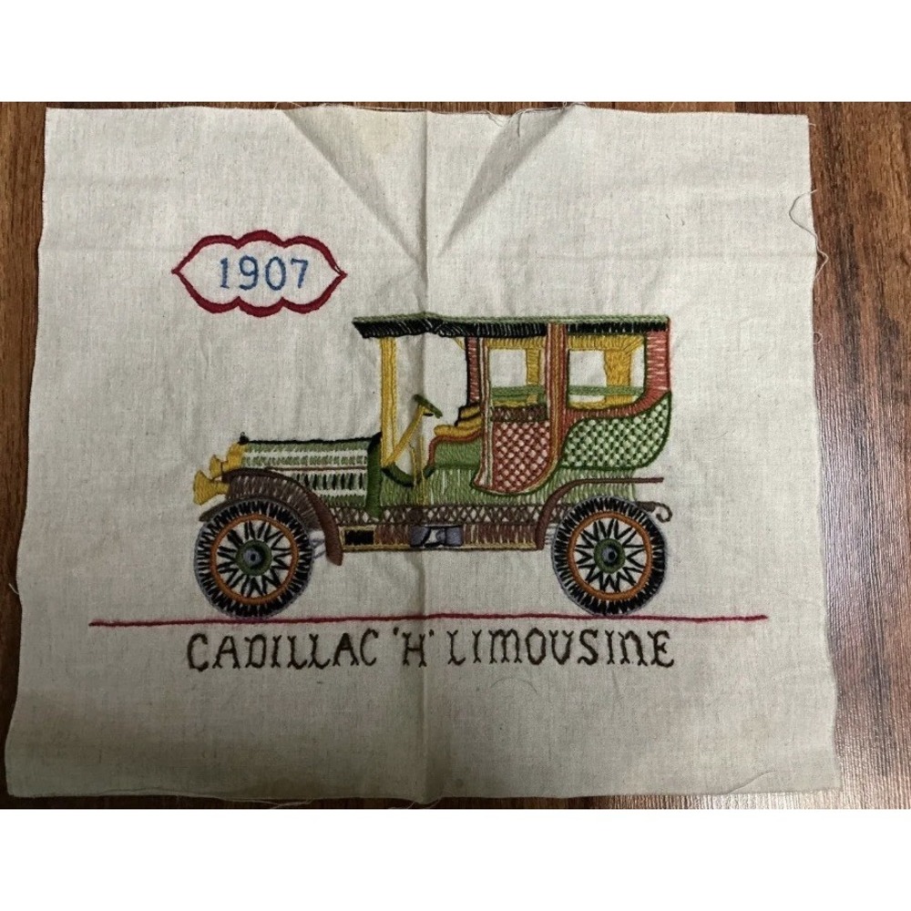 Crewel Embroidery 1907 Cadillac 'H' Limousine Antique Car 13in X 15in